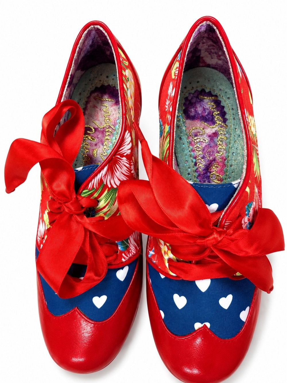 Irregular Choice Red and Blue Floral Heart Lace-Up Heels - Picture 2 of 10